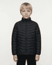 A black puffer jacket designed for kids, featuring a zip-up front and a stand collar.
