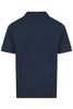 A navy polo shirt with a collar and short sleeves, featuring a branding logo. The back view is shown.