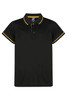 A black polo shirt featuring contrasting yellow trim and a buttoned placket, with a logo on the collar.