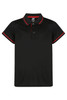 A black polo shirt with red accents, featuring a collar, short sleeves, and buttons. It has a logo on the tag.