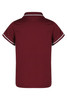 A maroon polo shirt featuring short sleeves and contrasting trims. It has a logo on the chest area.