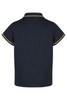 A navy polo shirt for kids with contrasting gold trim and a logo on the back.