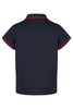 A navy polo shirt with a collar and short sleeves, featuring red trim along the collar. It has a logo on the chest.