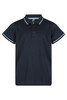 A dark navy polo shirt with light blue accents and a logo on the chest. Short sleeves and a classic collar design.
