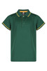 A green polo shirt with yellow accents and a collar, featuring three buttons and short sleeves.