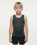 A child wearing a dark grey singlet with orange detailing, paired with black shorts. The image features a logo.