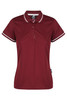 A maroon polo shirt featuring a classic collar and striped detailing, with a logo on the left side.