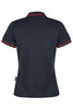 A navy polo shirt featuring red trim, with a classic collar and short sleeves, displayed from the back.