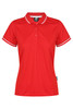 A red polo shirt featuring white trim and a four-button placket. It includes a logo on the side.
