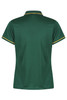 A back view of a green polo shirt with yellow accents and a logo on the upper side.