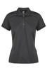 A dark grey polo shirt with a collared neckline, featuring a button placket and a logo.