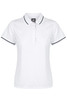 A white polo shirt with a collar and contrasting trim, featuring a logo on the chest.