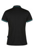 A black polo shirt featuring short sleeves and contrasting teal detailing, designed for women. Includes a logo.
