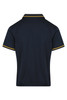 A navy blue polo shirt featuring contrasting yellow stripes on the collar and sleeves, with a logo present.