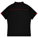 A black polo shirt with red accents and a logo on the back, designed for sports uniforms.