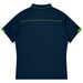 A navy polo shirt with green accents and a logo on the back, designed for sports uniforms.