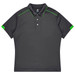 A dark grey polo shirt featuring green accents and a logo on the collar.
