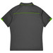 A grey polo shirt with green accents and a logo on the back, designed for sports uniforms.