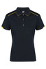 A women's polo shirt in navy with yellow accents, featuring a collar and button placket. It has a logo on the chest.