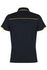 A black polo shirt with a yellow trim, featuring a logo on the front. The back has a sleek design.