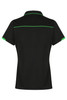 A black polo shirt with green detailing, featuring a collar and short sleeves, and includes a logo.