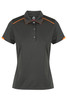 A grey polo shirt with a collar and short sleeves, featuring orange accents and a logo on the chest.