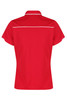 A red polo shirt featuring a white trim, with a classic collar and short sleeves. It includes a logo on the garment.
