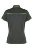 A dark green polo shirt featuring vibrant green accents and a logo. The back view displays a sleek design.