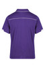 A purple polo shirt with a collar and white detailing on the shoulders. It features a logo on the chest area.
