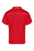 A red polo shirt featuring a collar and white accent sections, with a logo on the back.