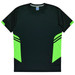 A black T-shirt with bright green side panels and a logo on the chest. Suitable for kids.