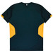 A green and yellow T-shirt featuring a logo, with contrasting yellow panels on the sides and back.