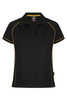 A black polo shirt with yellow piping and a collar, featuring branding on the label.