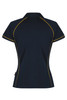 A navy polo shirt with yellow piping and a logo on the back. It features a classic collar and short sleeves.