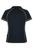 A navy polo shirt featuring lime green piping and a logo. It has a classic collar and short sleeves.