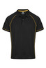 A black polo shirt with yellow accents and a logo on the chest. Short-sleeved design, featuring a classic collar.