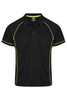 A black polo shirt with lime green piping and a logo on the chest area.