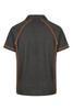 A grey polo shirt with orange piping and a branding logo on the back.