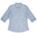 A blue and white checkered button-up shirt with 3/4 sleeves and a collar, featuring a logo.