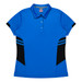 A blue polo shirt with black side panels and a collar, featuring a branded logo on the upper left.