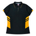 A black and yellow women's polo shirt featuring a logo and sporty design elements on the sides.