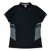 A black polo shirt with grey accents and a logo, featuring a classic collar and short sleeves.