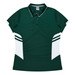 A green polo shirt featuring white accents and a logo. Designed for women, it has a classic collar and buttons.
