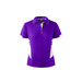 A purple polo shirt with white accents and a logo on the chest. Features a collar and three-button placket.