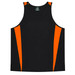 A black singlet with orange side panels and a logo on the label.