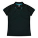 A black polo shirt featuring a collar and short sleeves, with blue accent stripes and a logo.