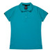 A teal polo shirt with a collar, short sleeves, and contrasting details. It features a logo on the collar.
