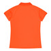 An orange polo shirt featuring a collared neckline and short sleeves, with a logo on the back.