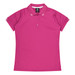 A pink polo shirt with short sleeves and a polo collar, featuring a logo on the collar.