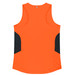 An orange singlet with black panels on the sides, featuring a logo on the back.